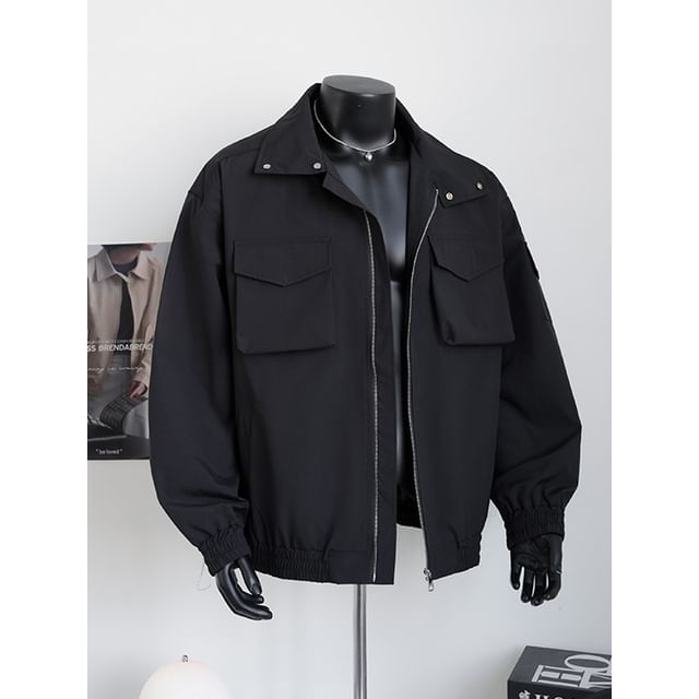 Ninine-Stand Collar Plain Zip Jacket