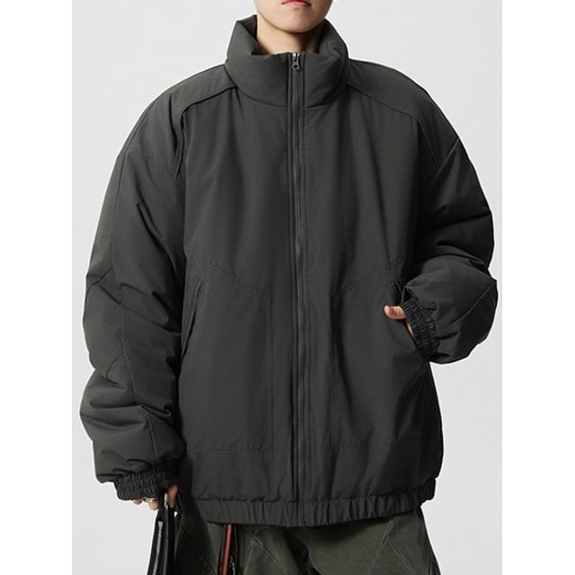 Ninine-Stand Collar Plain Zip Puffer Jacket