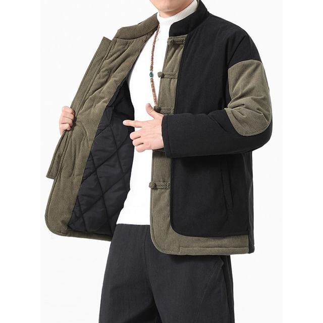 Ninine-Stand Collar Two Tone Knot Button Padded Jacket