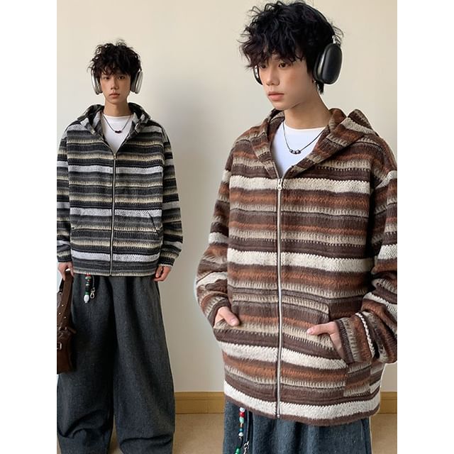 Ninine-Striped Zip Hoodie