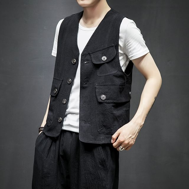 Ninine-V-Neck Button-Up Plain Vest