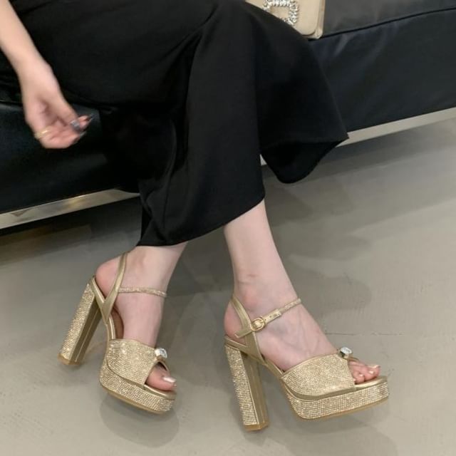 Niuna-Block Heel Glitter Slide Sandals