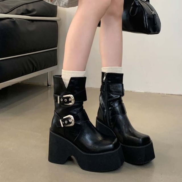 Niuna-Buckled Platform Chunky Heel Short Boots
