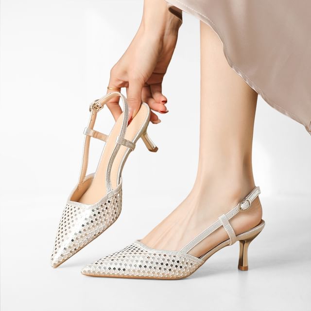 Niuna-High Heel Pointed Glitter Mesh Slingback Sandals