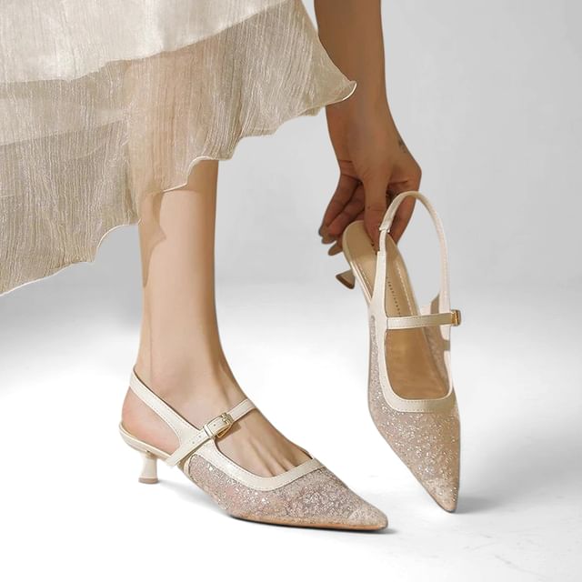 Niuna-Kitten Heel Pointed Toe Glitter Mesh Slingback Sandals
