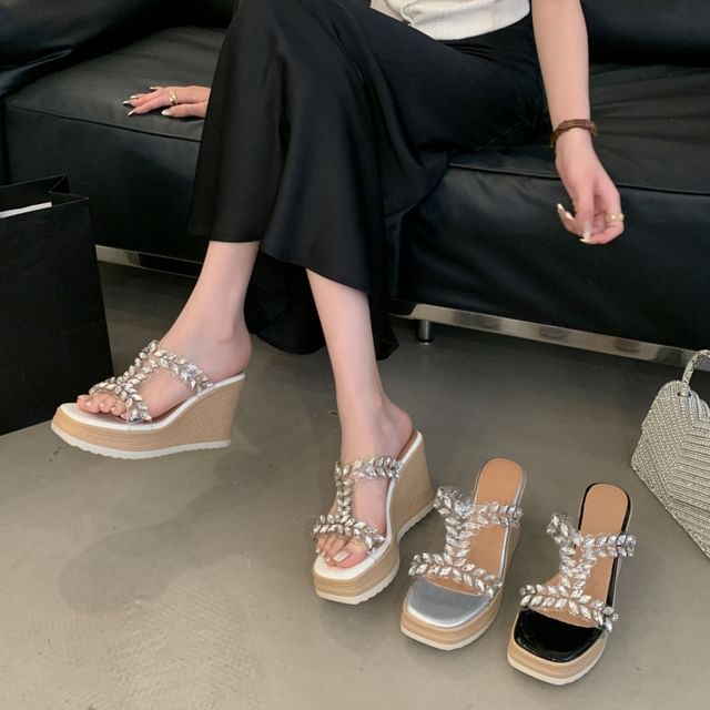 Niuna-Platform Wedge Rhinestone PVC Espadrille Sandals