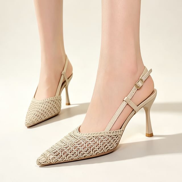 Niuna-Pointed Crochet Slingback Stiletto Sandals