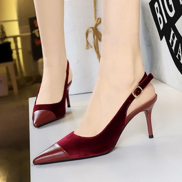 Niuna-Pointed Toe Slingback Panel Velvet Stiletto Pumps