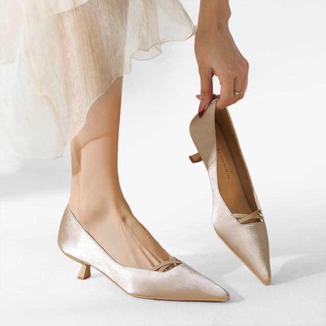 Niuna-Satin Kitten Heel Pointed Plain Pumps