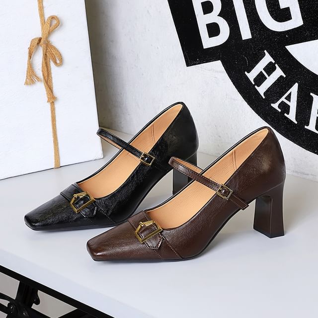 Niuna-Square Toe Buckled Chunky Heel Mary Jane Pumps
