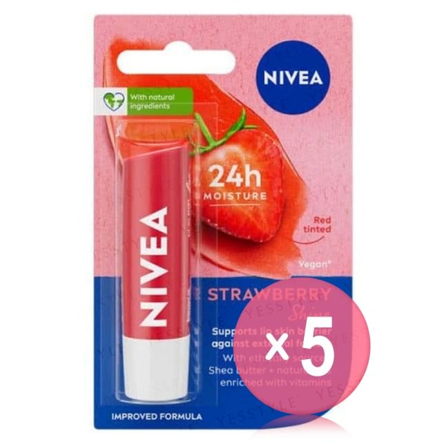 NIVEA-24H Moisture Strawberry Shine Caring Lip Balm 5pcs Bundle Set