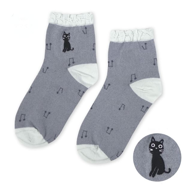 noafamily-Black Cat Musical Note Socks White