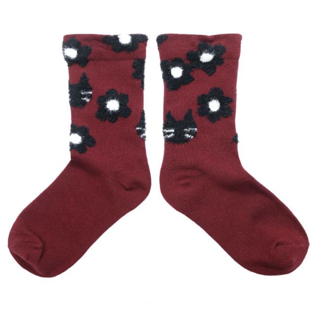 noafamily-Cat Flower Socks Red
