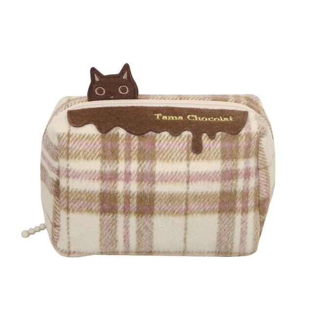 noafamily-Cat Tama-chan Checked Makeup Pouch Ivory