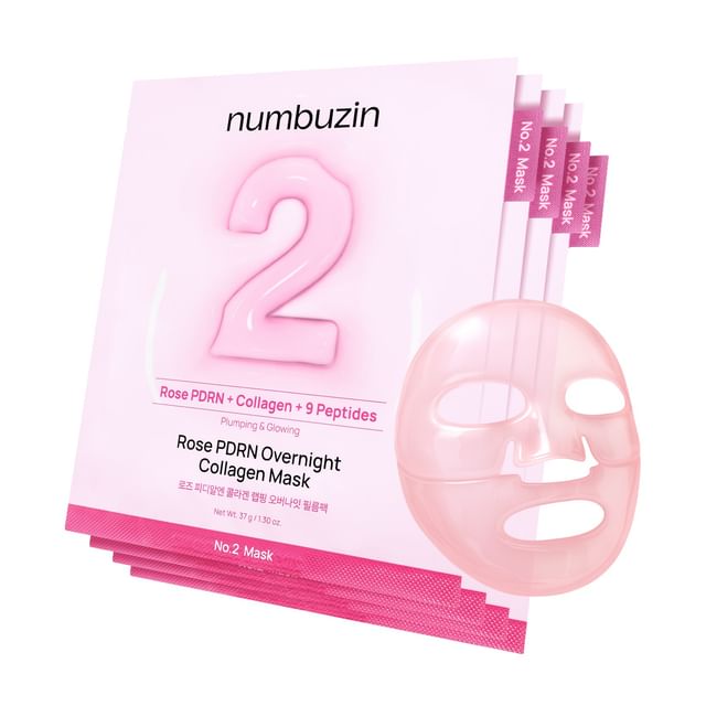 numbuzin-No2 Rose PDRN Overnight Collagen Mask Set - Kit Máscara Facial Noturna-37 G X 4 Unid