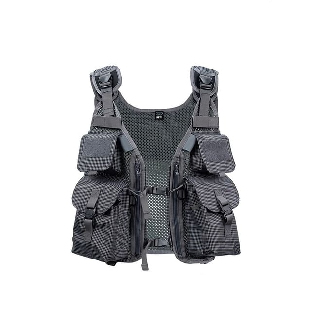 Oakjam-Grid Print Panel Mesh Buckle Tactical Vest