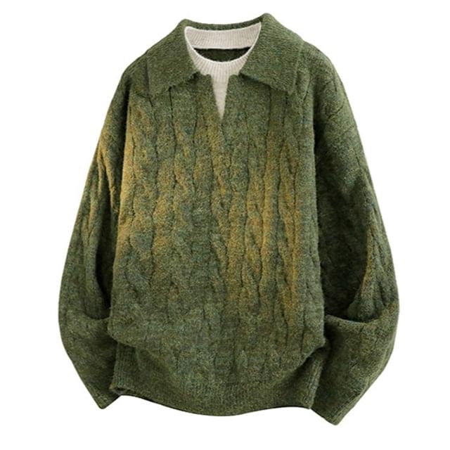 Oakjam-Mock Two-Piece Round Neck Collar Cable Knit Sweater