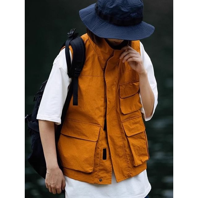 Oakjam-Stand Collar Plain Adhesive Closure Cargo Vest