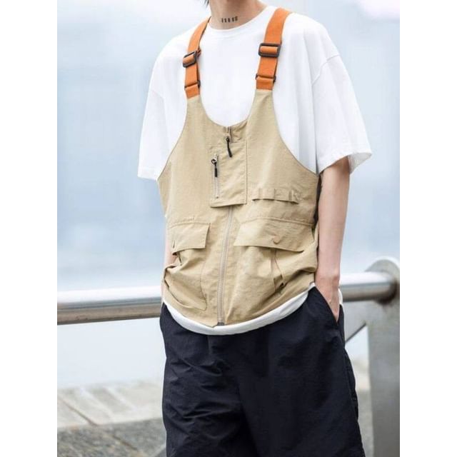 Oakjam-Two Tone Buckled Zip Cargo Vest