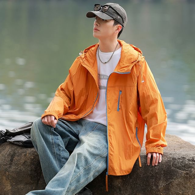 Obikan-Contrast Zipper Hooded Jacket