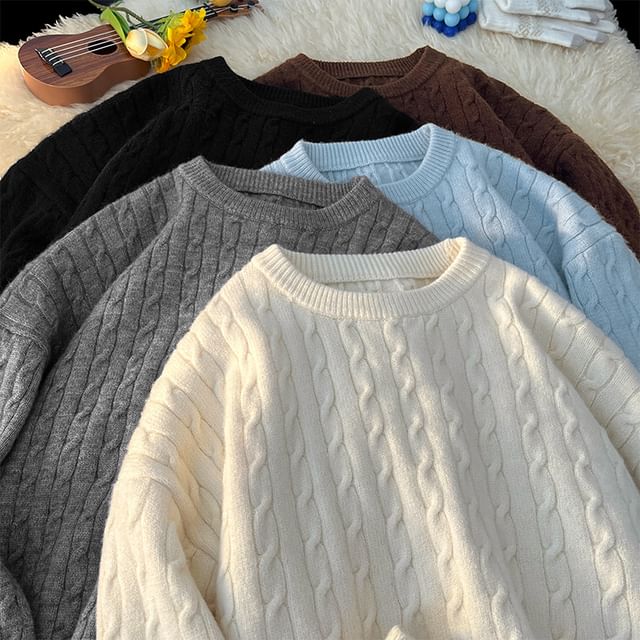 Obikan-Crew Neck Plain Cable Knit Sweater