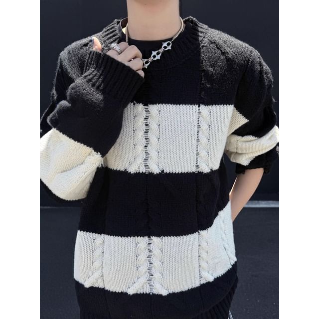 Obikan-Crew Neck Striped Sweater