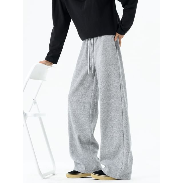 Obikan-Drawstring Waist Melange Wide Leg Sweatpants