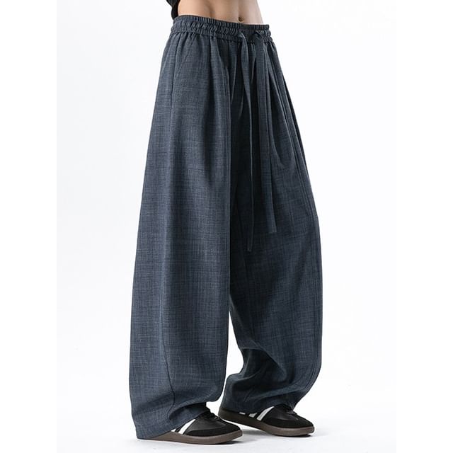 Obikan-Drawstring Waist Plain Barrel Leg Baggy Pants