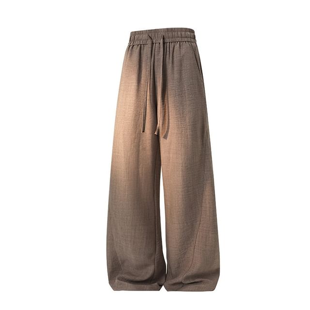 Obikan-Drawstring Waist Plain Linen Wide Leg Pants