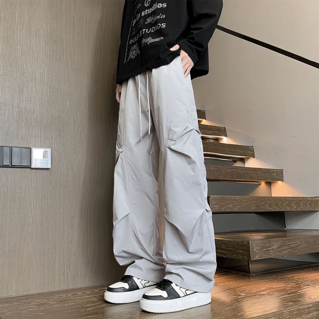 Obikan-Drawstring Waist Plain Ruched Loose Fit Cargo Pants