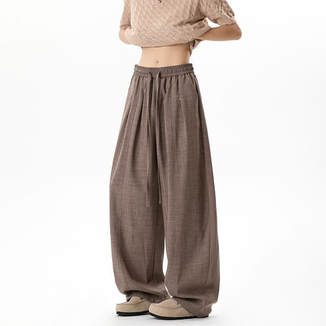 Obikan-Drawstring Waist Plain Wide Leg Pants