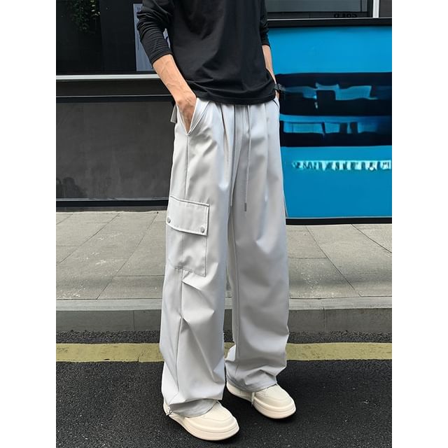 Obikan-Drawstring Waist Plain Wide Leg Pants