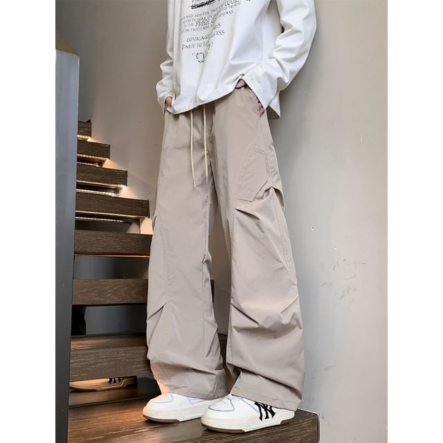 Obikan-Drawstring Waist Plain Wide Leg Pants