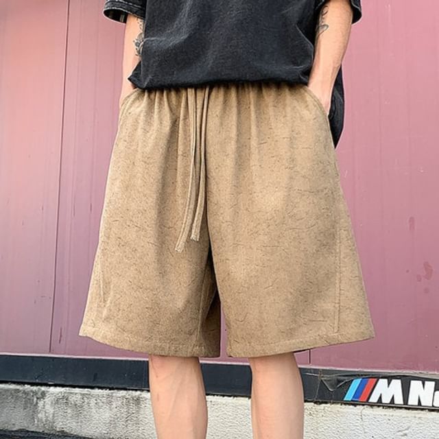 Obikan-Drawstring Waist Plain Wide Leg Shorts