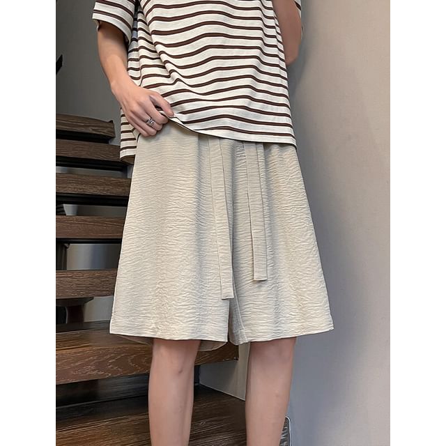 Obikan-Drawstring Waist Plain Wide Leg Shorts