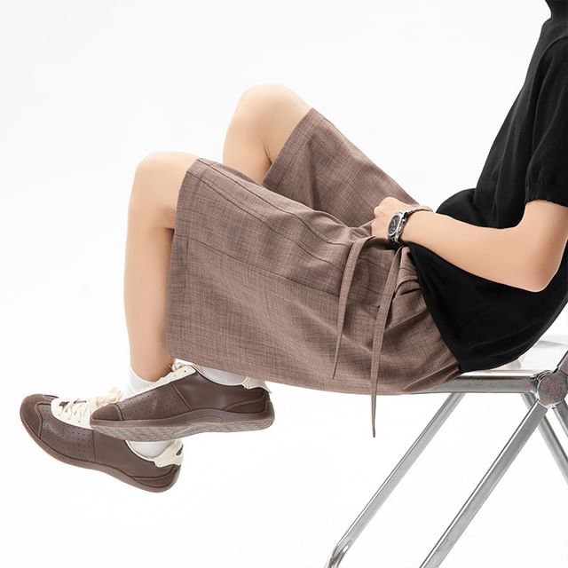 Obikan-Drawstring Waist Plain Wide Leg Shorts