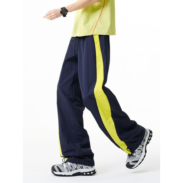 Obikan-Drawstring Waist Two Tone Wide Leg Cargo Pants