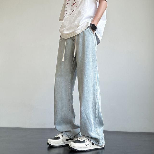 Obikan-Drawstring Waist Washed Loose Fit Jeans