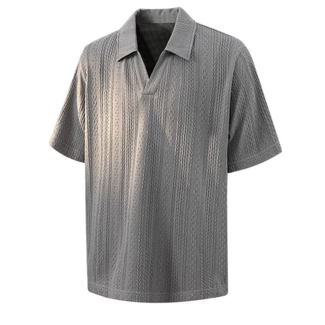 Obikan-Elbow-Sleeve Collared Jacquard T-Shirt