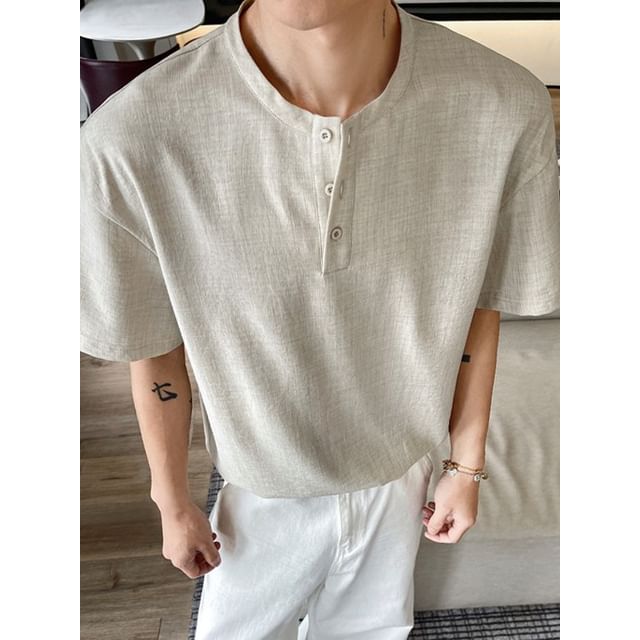 Obikan-Elbow-Sleeve Henley Plain T-Shirt
