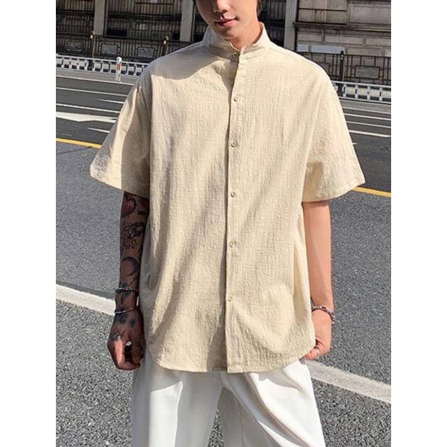 Obikan-Elbow-Sleeve Stand Collar Button-Up Plain Shirt