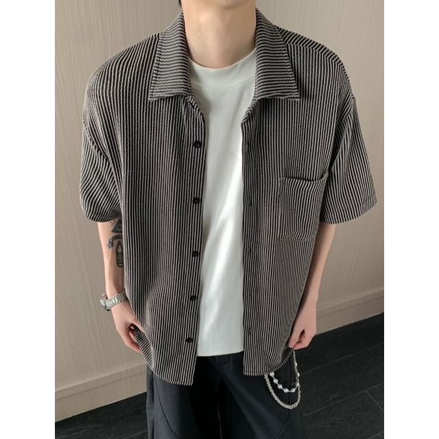 Obikan-Elbow-Sleeve Textured Button-Up Shirt