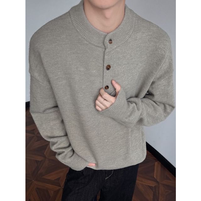 Obikan-Henley Neck Plain Sweater