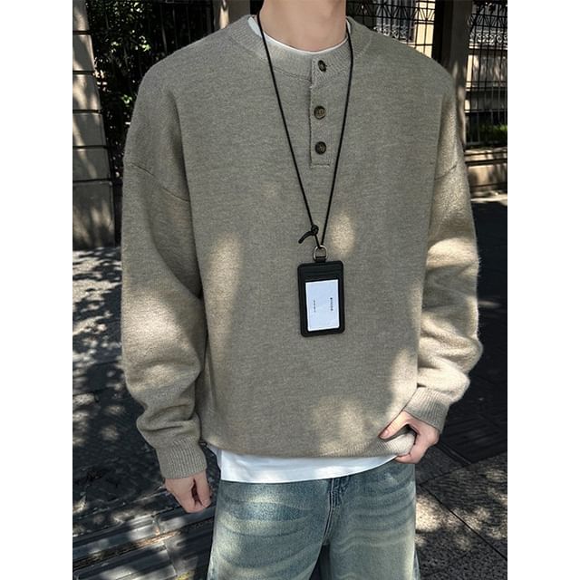 Obikan-Henley Neck Plain Sweater