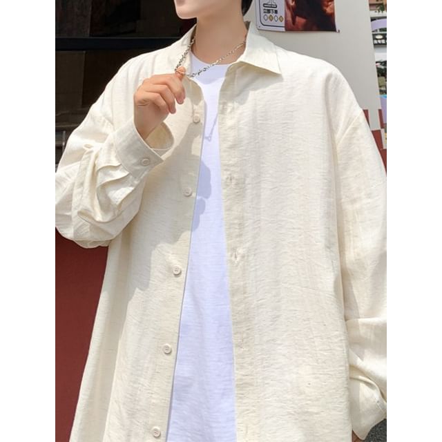 Obikan-Long-Sleeve Button-Up Plain Shirt