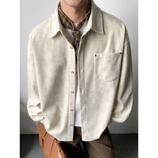 Obikan-Long-Sleeve Collared Plain Button Up Shirt
