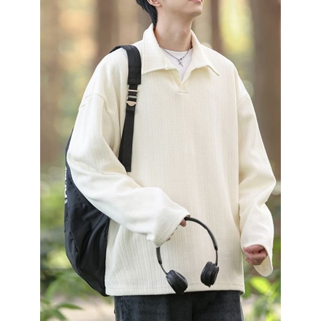 Obikan-Long-Sleeve Collared Plain Polo Shirt