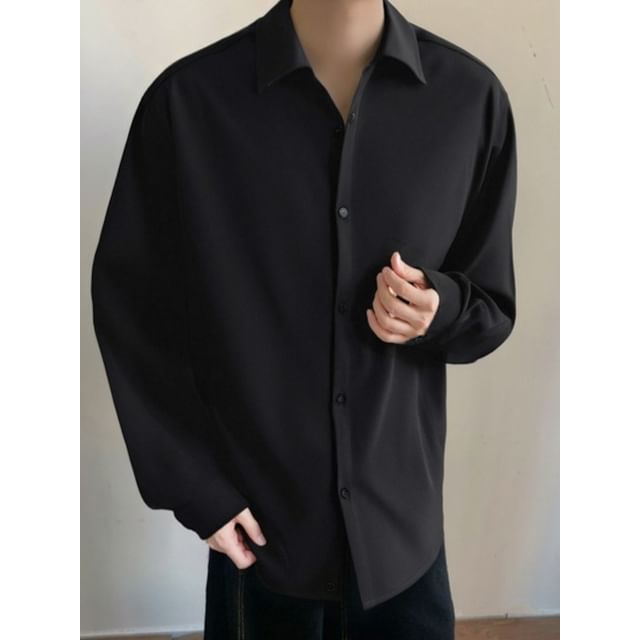 Obikan-Long Sleeve Collared Plain Shirt