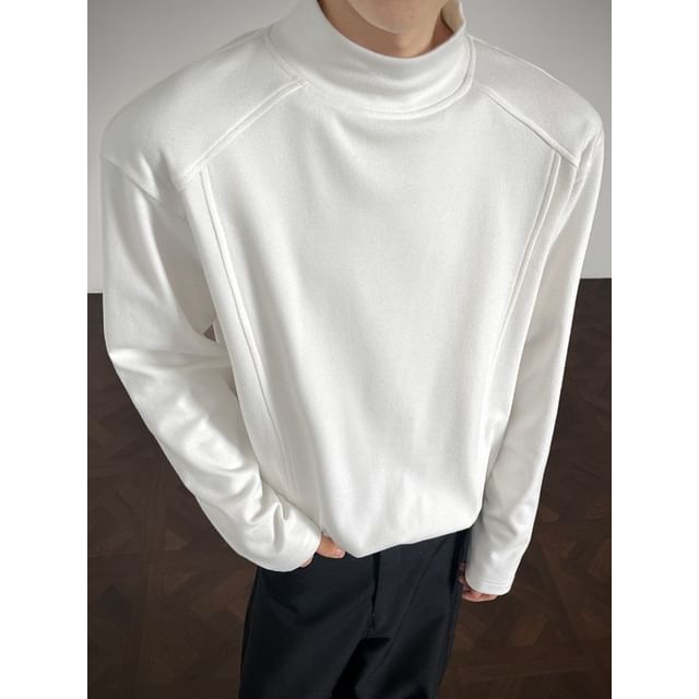 Obikan-Long Sleeve Mock Neck Plain Panel T-Shirt