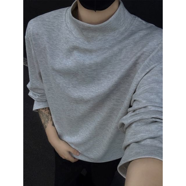 Obikan-Long-Sleeve Mock Neck Plain T-Shirt